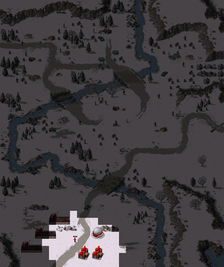 Frame 0: a single Soviet infantryman in a small revealed pocket of an otherwise dark map.