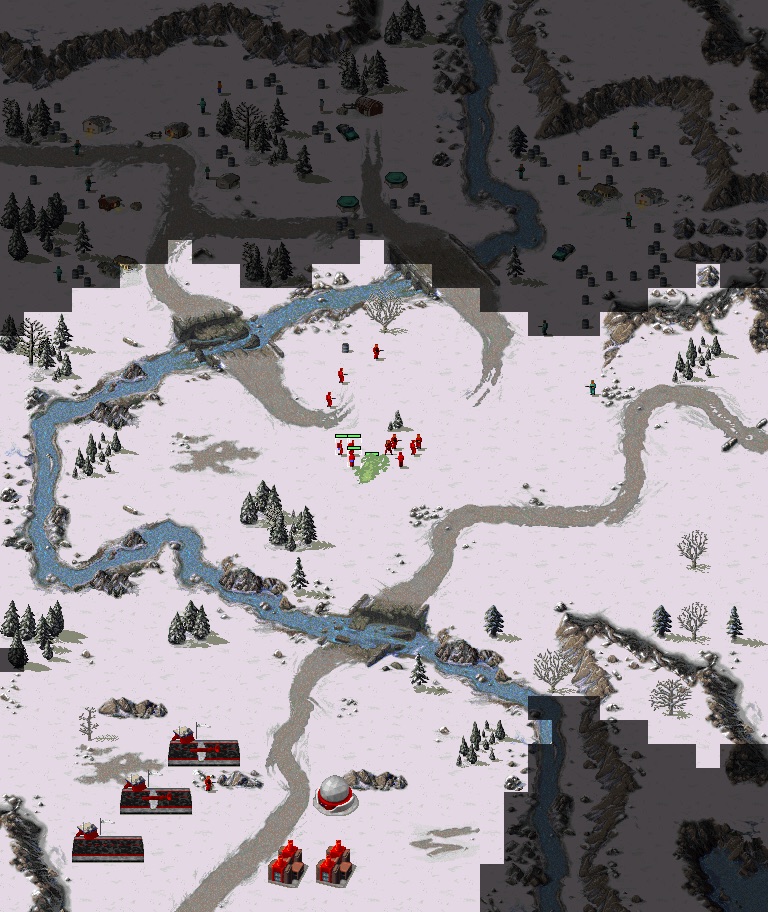 Frame 5,000: Soviet infantry gathered on open snow, with dark unexplored map still to the north.