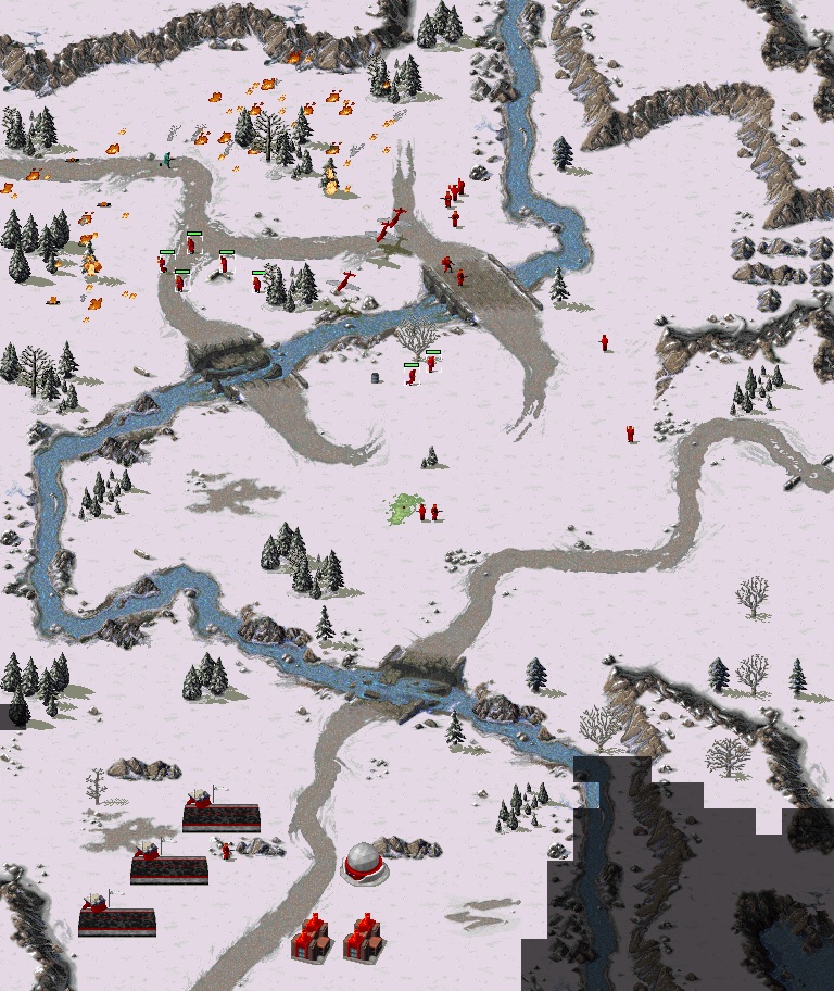 Red Alert at the moment of victory: fires across the French position, Soviet aircraft overhead, the map almost fully revealed.